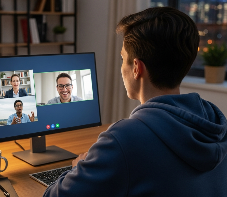 Muž na online pohovoru v krajském kole.