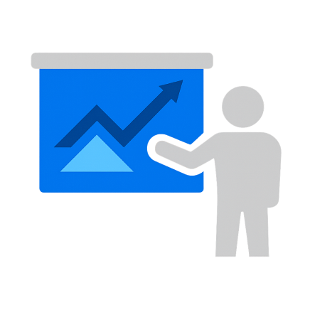 Ikona osoby prezentující grafy na plátně.